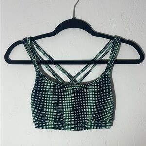 Athleta XS Strappy Criss Cross Back Sports Bra Mint Green Navy Blue Grid Print